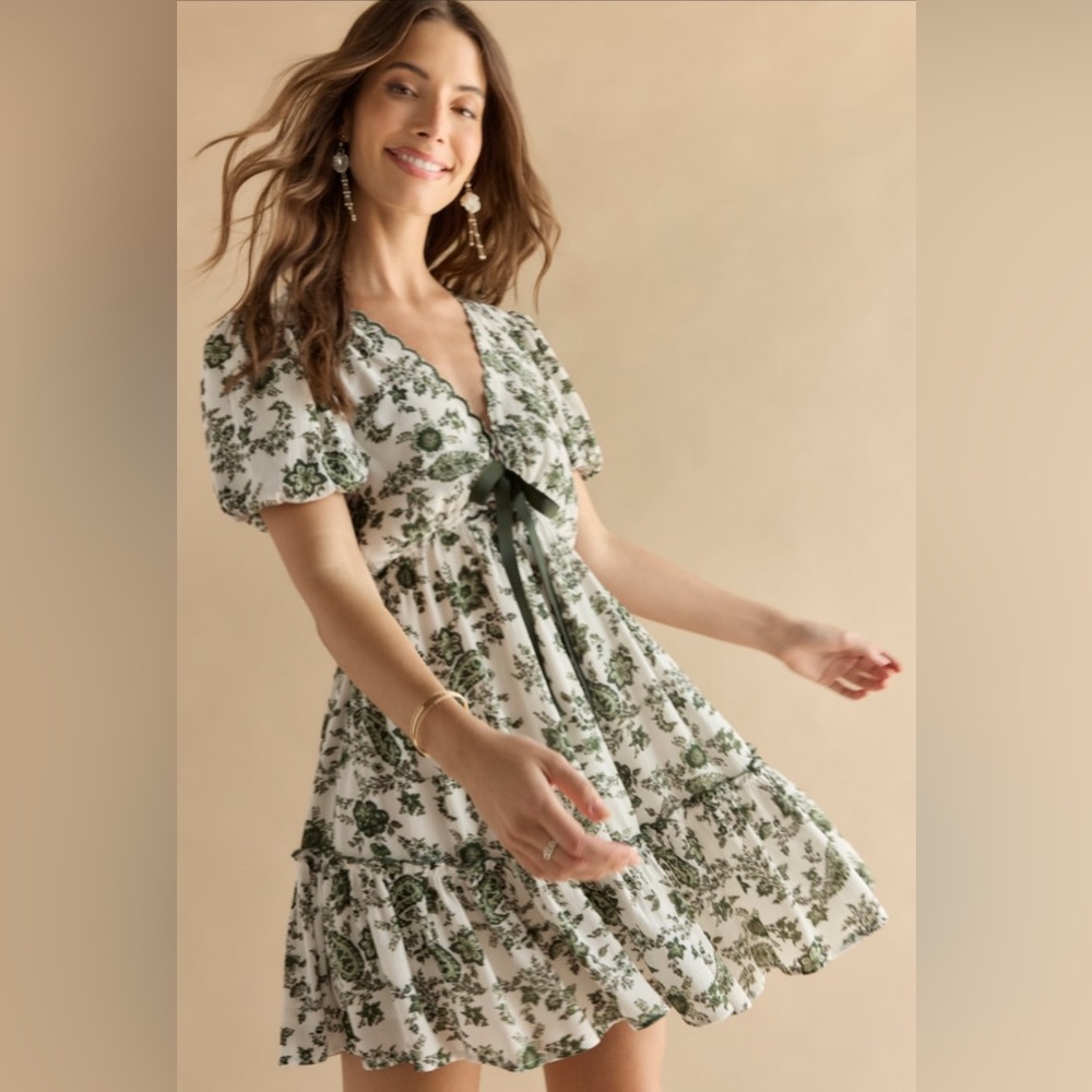 Olive Green and White floral print dress